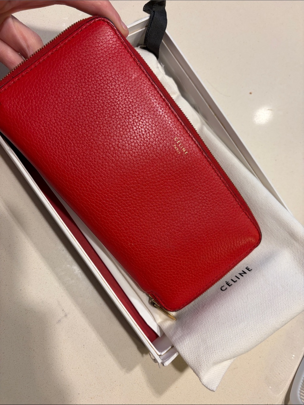 Celine Red Pebbled Leather Zip Around Wallet